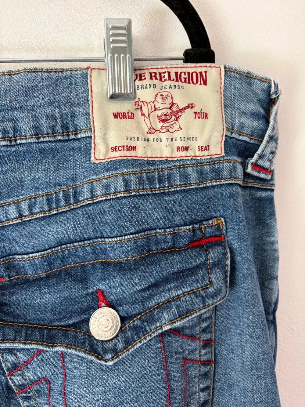 True Religion Ricky SN Flap Relaxed Straight Jeans Blue Red Stitch Y2K Size 38